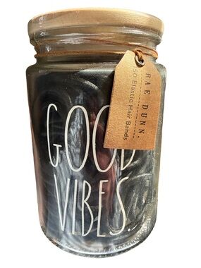 NWOT - RAE DUNN 150 black hair ties in glass good vibes jar.